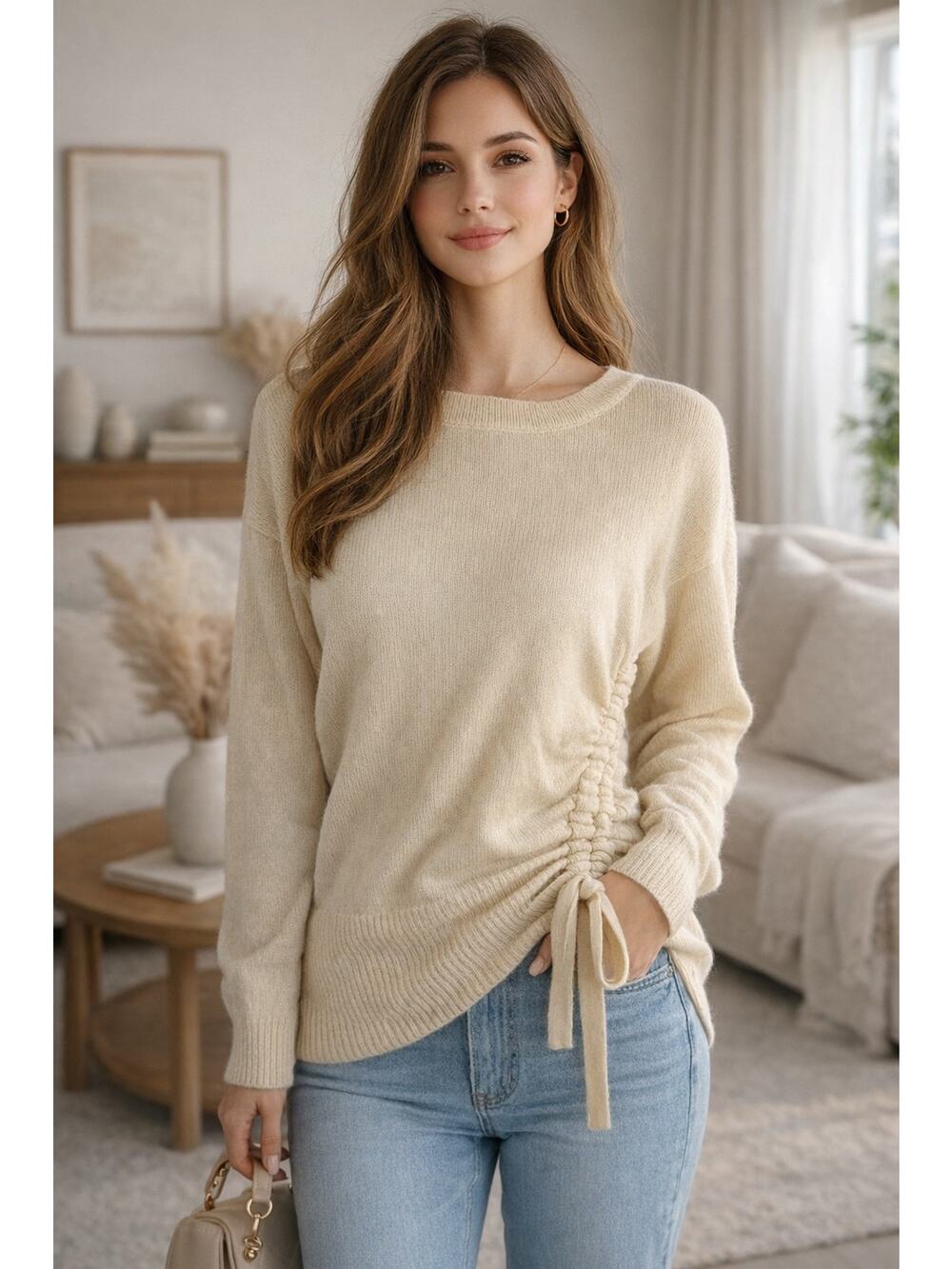 Joie Anthropologie Sweater Cream Pull Over Pull Cord Ruched Wool Cashmere Size S